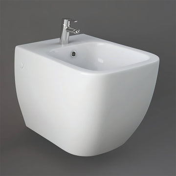 Wall-hung bidet by Tuskan Tiles with one tap hole and 525mm projection, featuring sleek, modern design for bathroom use.