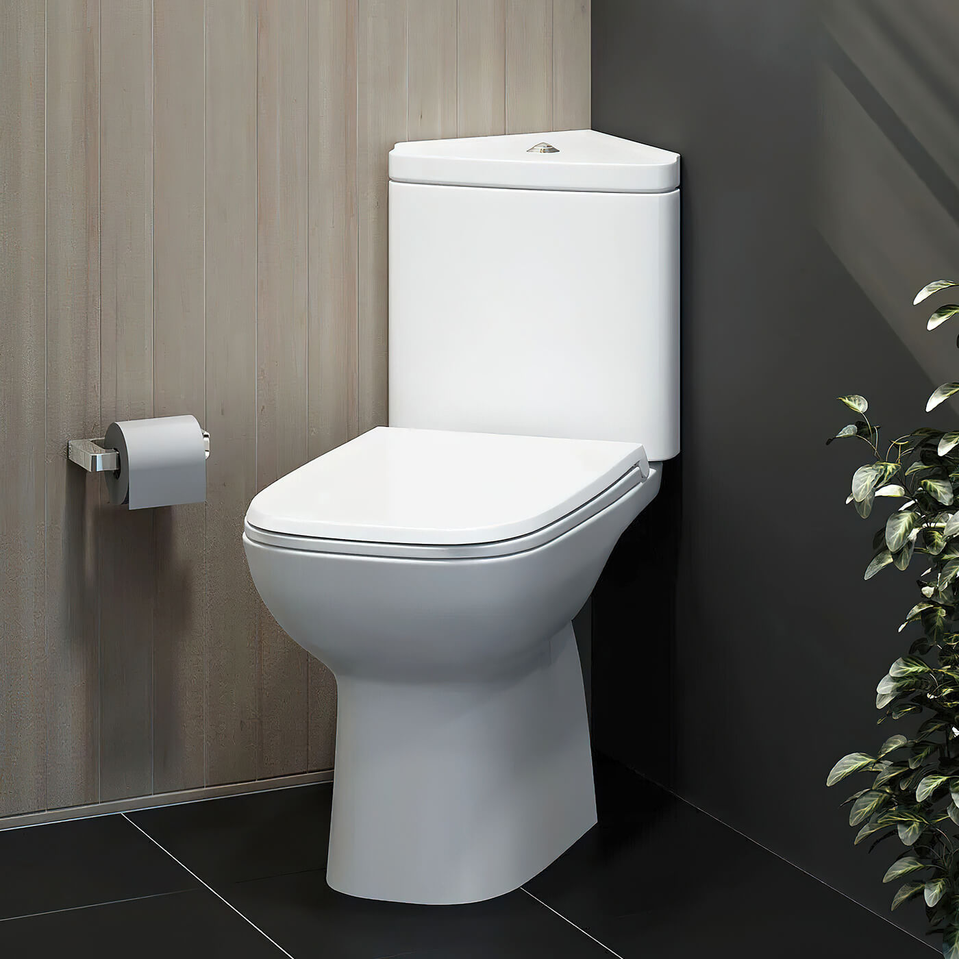 Tuskan Tiles RAK Origin close coupled corner toilet pack with cistern and soft-close seat, open back design, full access features.