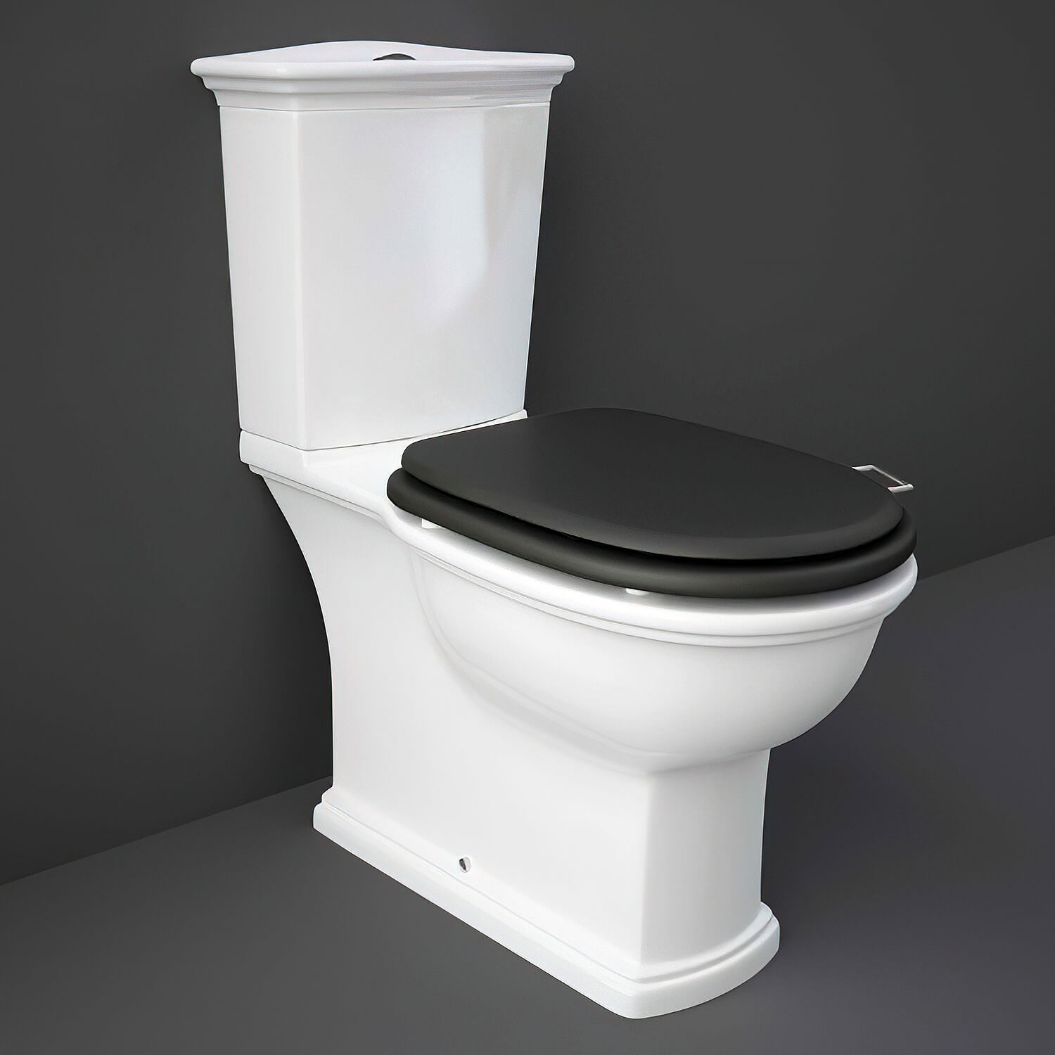 Close coupled WC pan with cistern and soft close wooden seat, Tuskan Tiles RAK Washington toilet, 360x705mm bathroom fixture