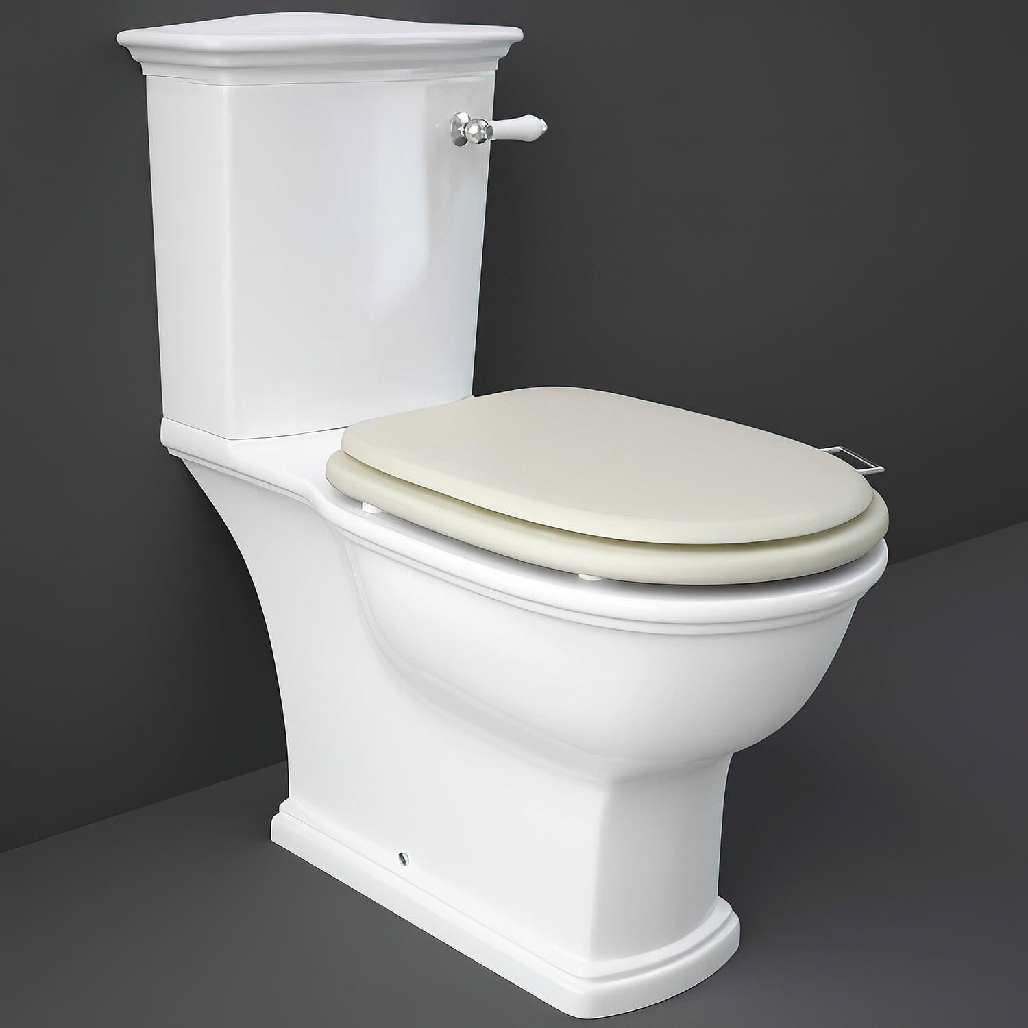 Tuskan Tiles RAK Washington close coupled WC pan with cistern and soft close wooden seat, 360x705mm, in a bathroom setting