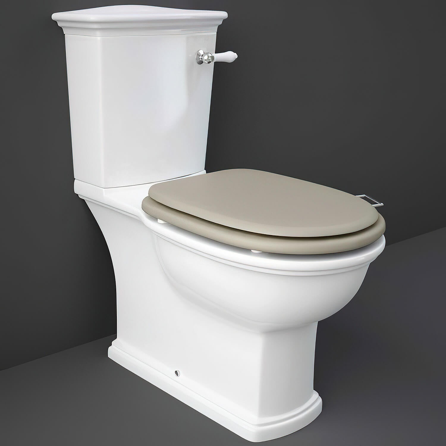Close-coupled WC pan with cistern and soft-close wooden seat, RAK Washington model, 360x705mm, in a modern bathroom setting