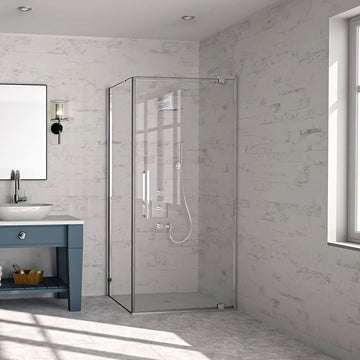 Merlyn 10-Series Frameless Pivot Shower Door with Handles - Clear Glass - Reversible