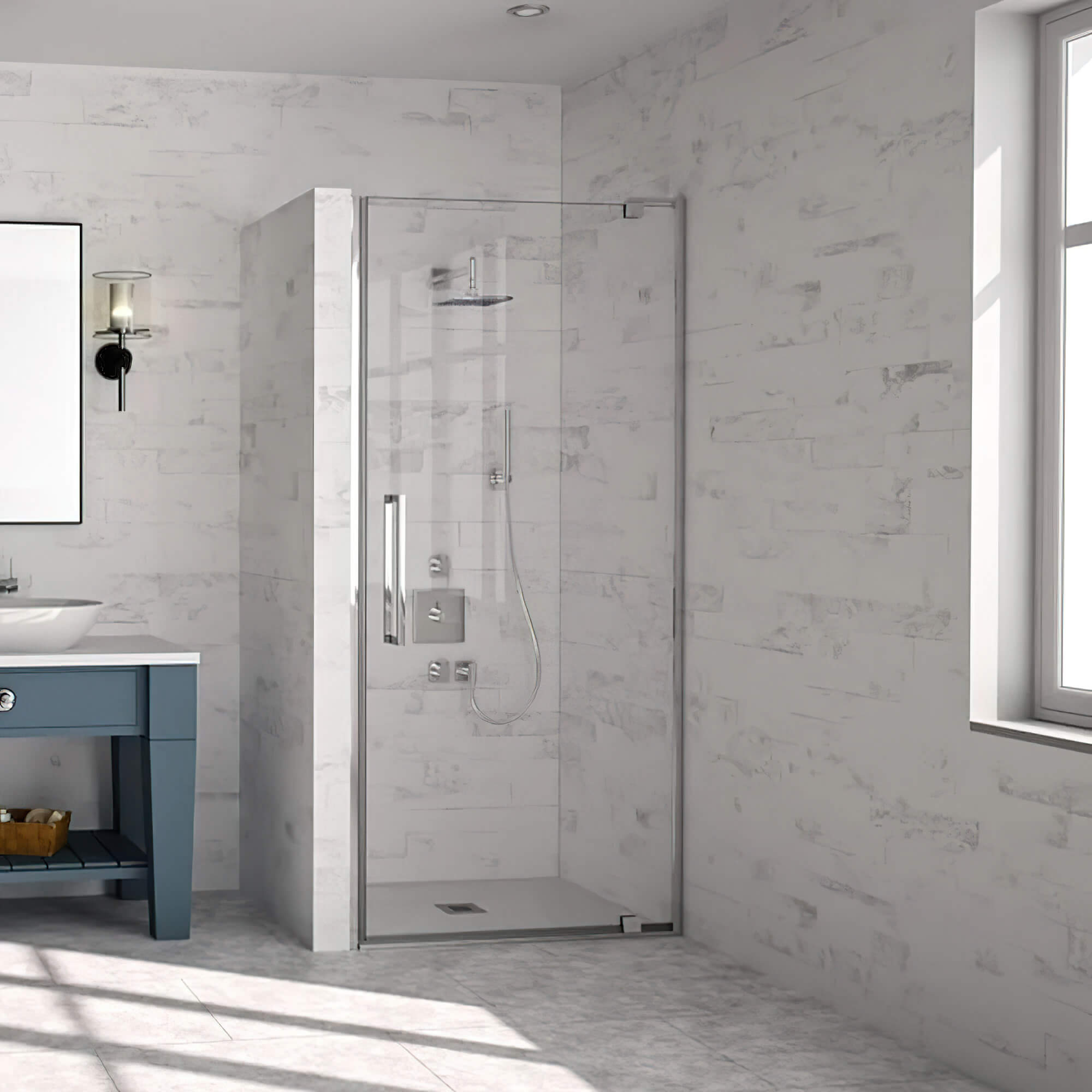 Merlyn 10-Series Frameless Pivot Shower Door with Handles - Clear Glass - Reversible
