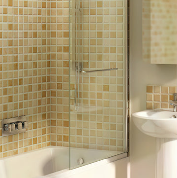 IMEX Wave Pivot Frameless Curved Bath Screen with Towel Rail - Chrome Profile - 820 x 1455mm