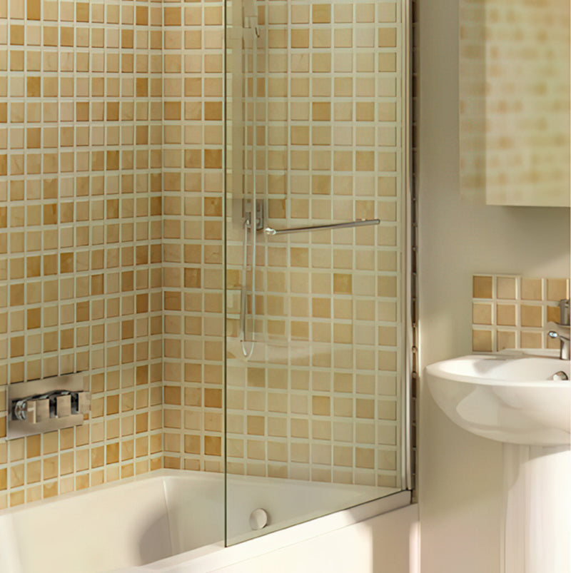 IMEX Wave Pivot Frameless Curved Bath Screen with Towel Rail - Chrome Profile - 820 x 1455mm