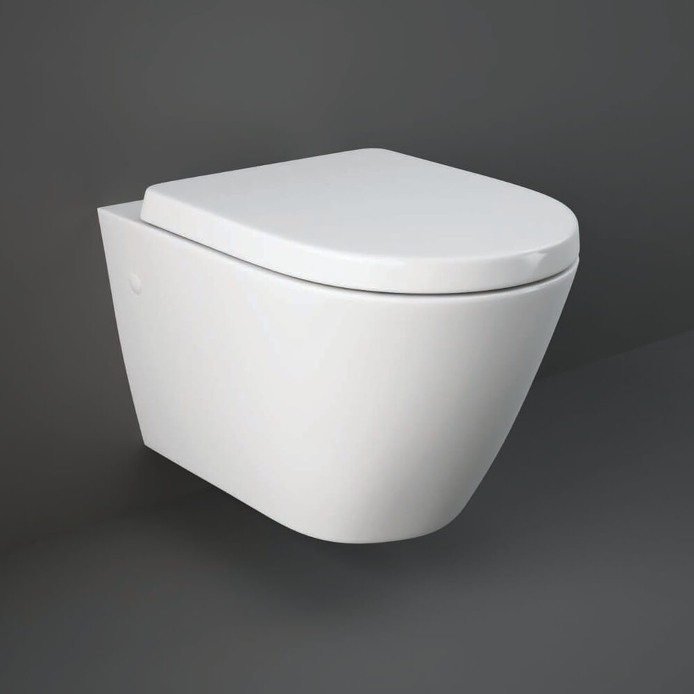 Tuskan Tiles Rak Resort wall hung WC pan with soft close seat, 360x520mm, modern bathroom fixture, sleek white ceramic design