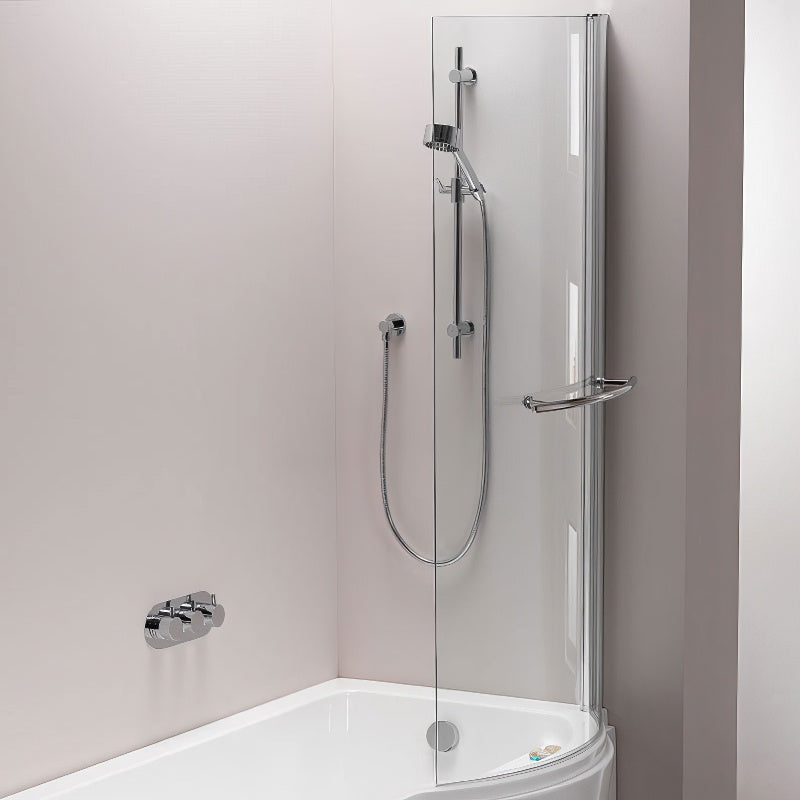 IMEX Arco Universal Frameless Curved Bath Screen with Towel Rail - Pivot - 800 x 1500mm