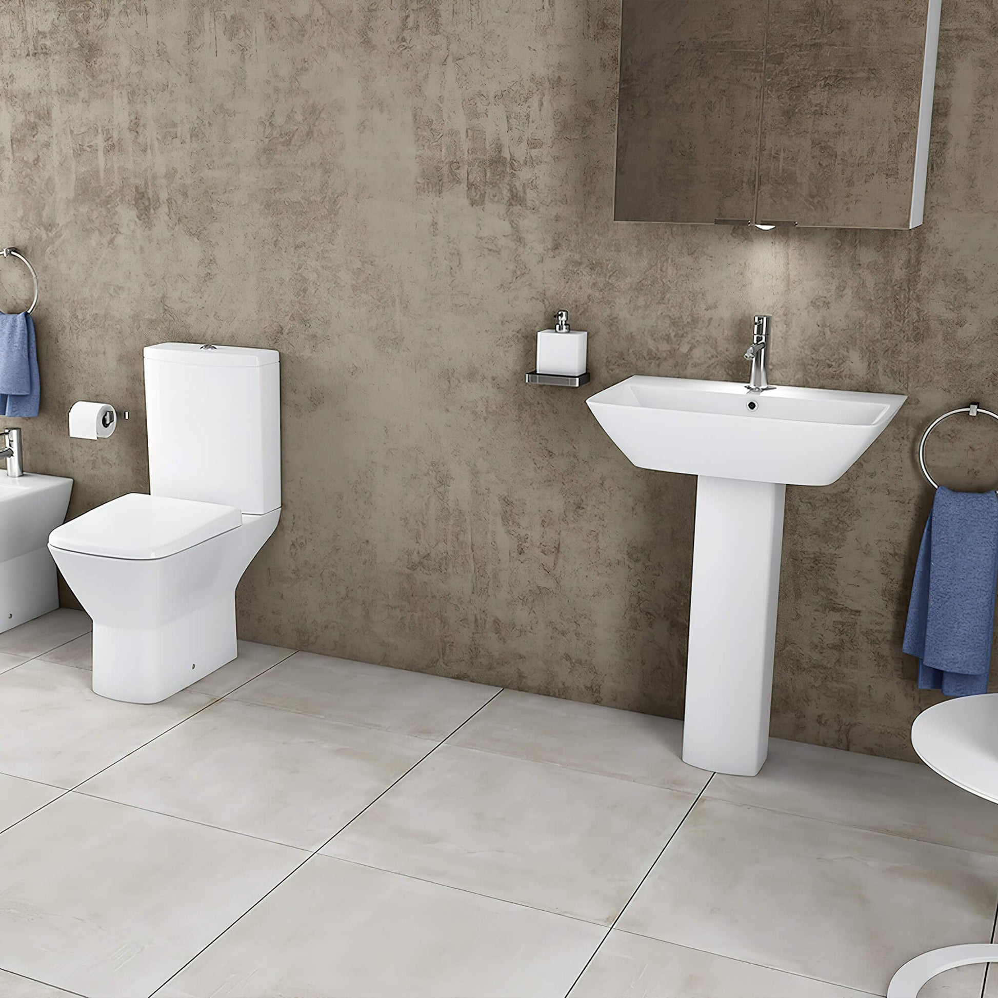 White RAK Summit compact cloakroom suite by Tuskan Tiles, featuring a modern toilet and sink with sleek design.