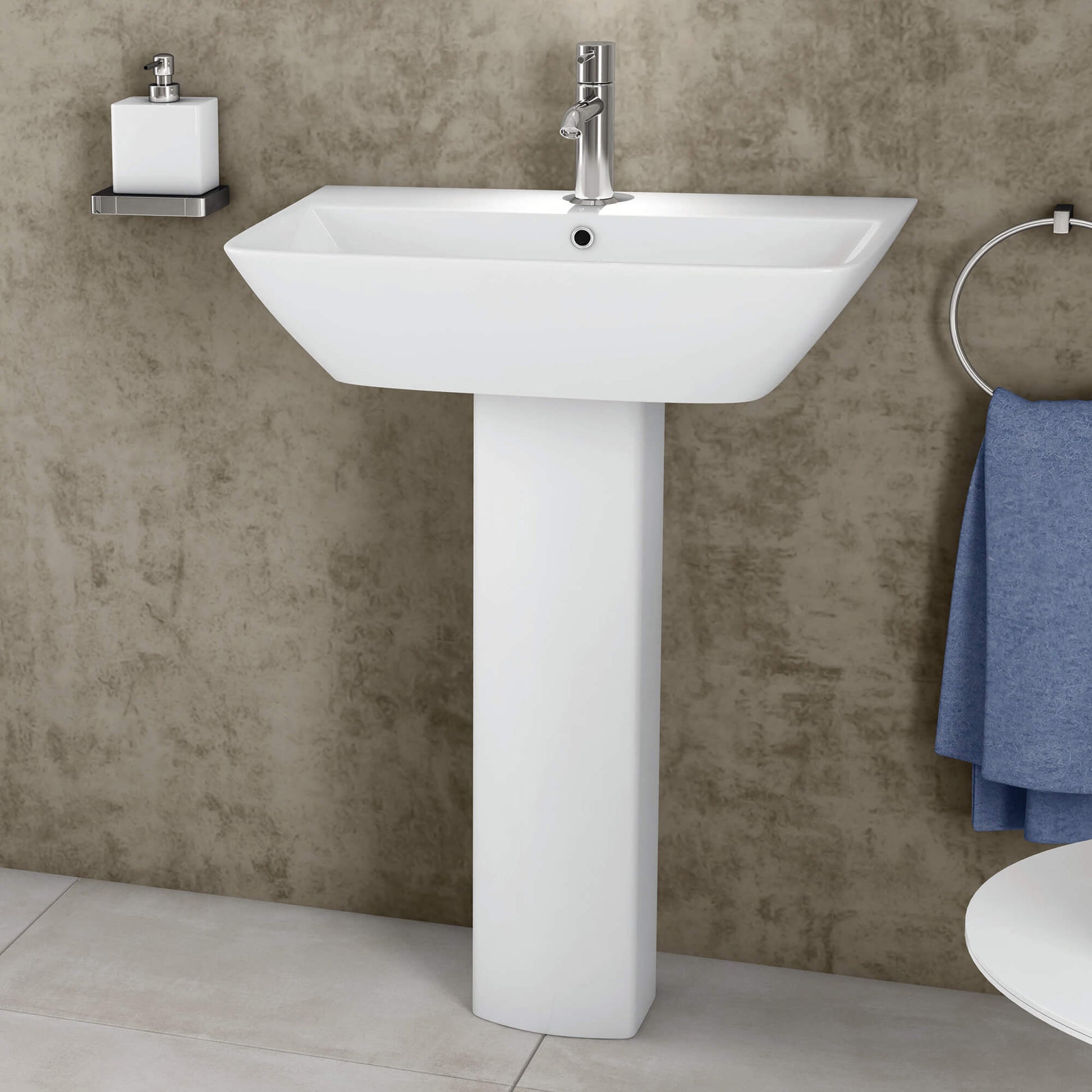 White RAK Summit compact cloakroom suite by Tuskan Tiles, including toilet and sink, installed in a modern bathroom setting.