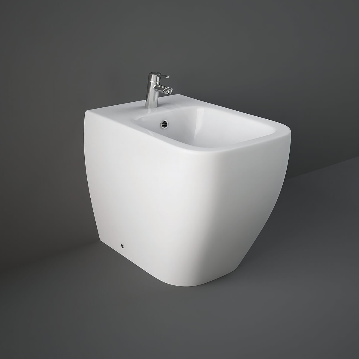 Tuskan Tiles RAK Metropolitan back-to-wall bidet with 525mm projection, floorstanding design, white ceramic finish, modern bathroom fixture.