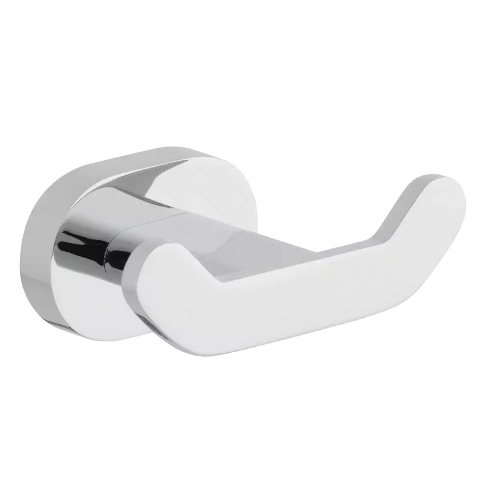 Contemporary chrome double wall hook by Vado Life, mounted on a wall, designed for hanging towels or accessories.