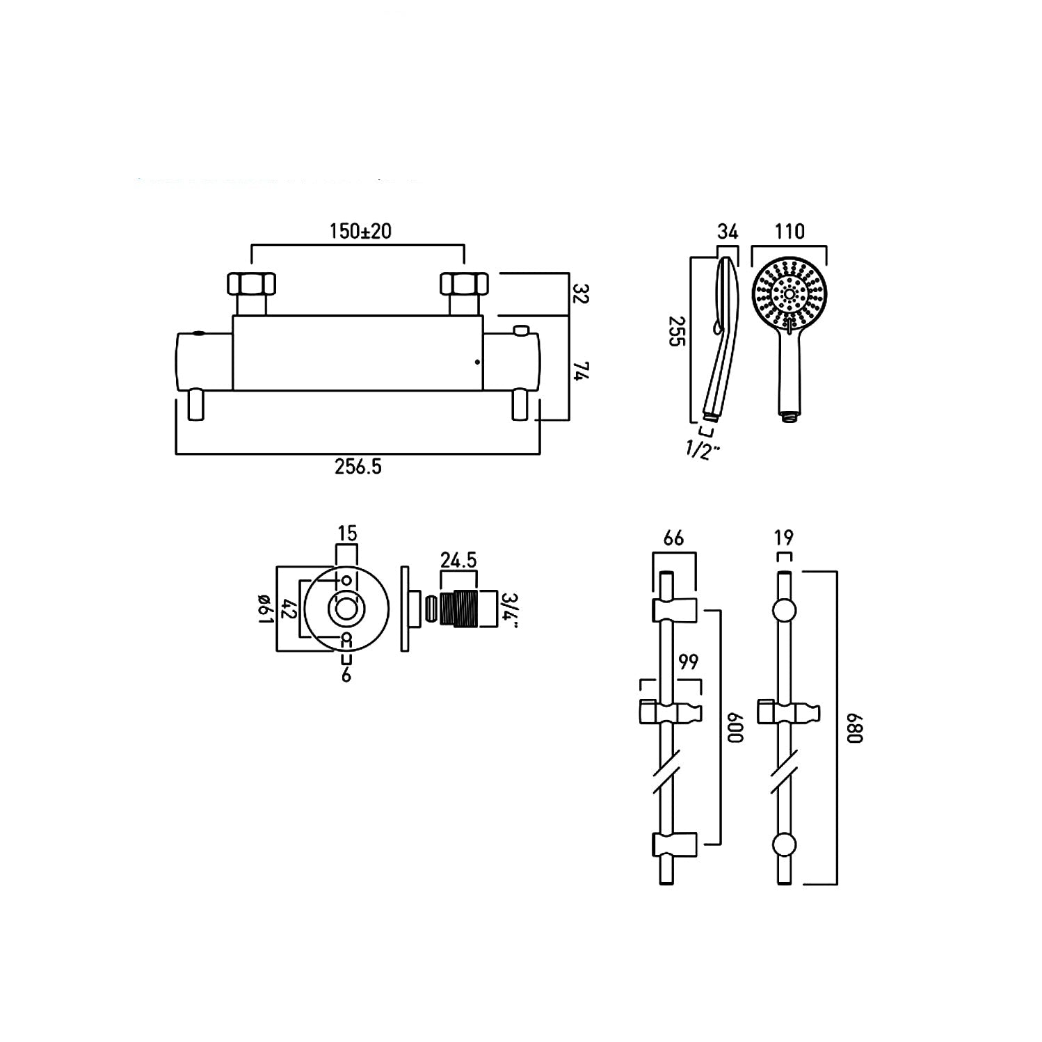 Vado Celsius Chrome Thermostatic Bar Shower Mixer Valve with Slide Rail Kit