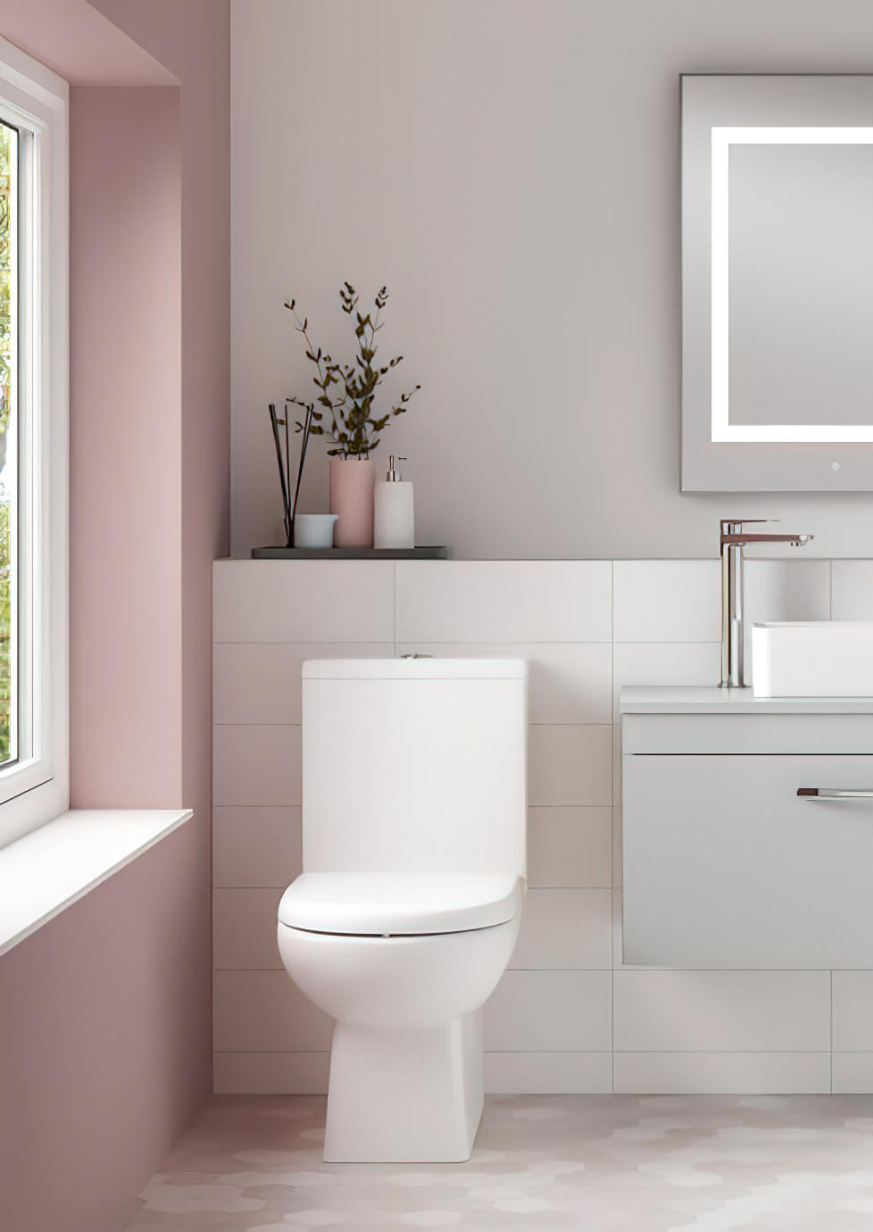 White Nuie Asselby close coupled WC pan with open back and cistern, measuring 410x670mm, designed for modern bathroom use.
