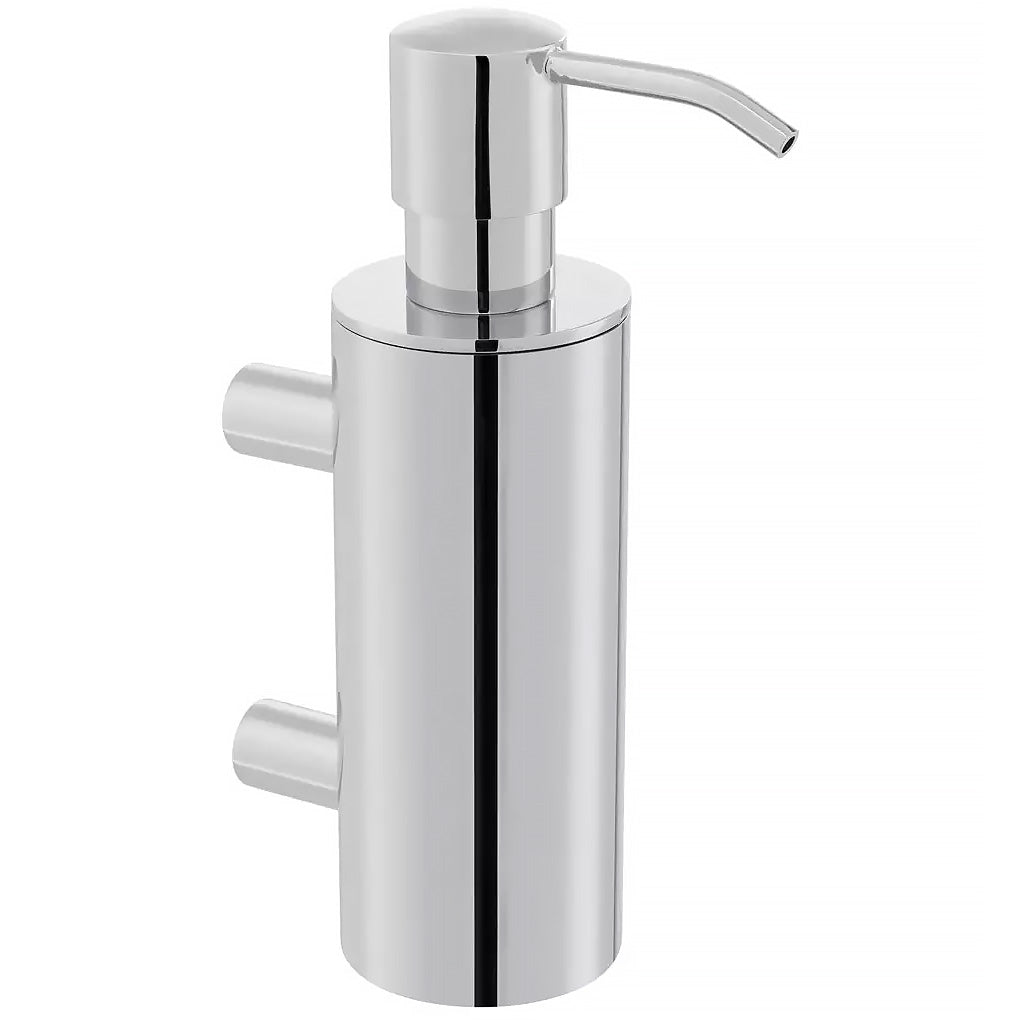 Chrome Vado Elements round wall-mounted soap dispenser with holder, sleek design, mounted on bathroom wall.