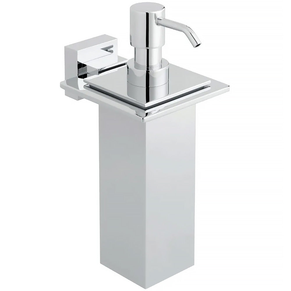 Chrome Vado Level wall-mounted square soap dispenser with holder, featuring a sleek modern design and polished finish.