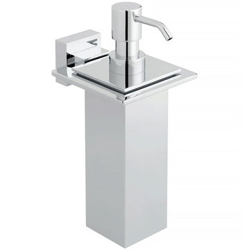 Chrome Vado Level wall-mounted square soap dispenser with holder, featuring a sleek modern design and polished finish.