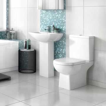 White contemporary Nuie Asselby toilet and basin pack with sleek design, featuring a modern toilet and matching basin for bathroom decor