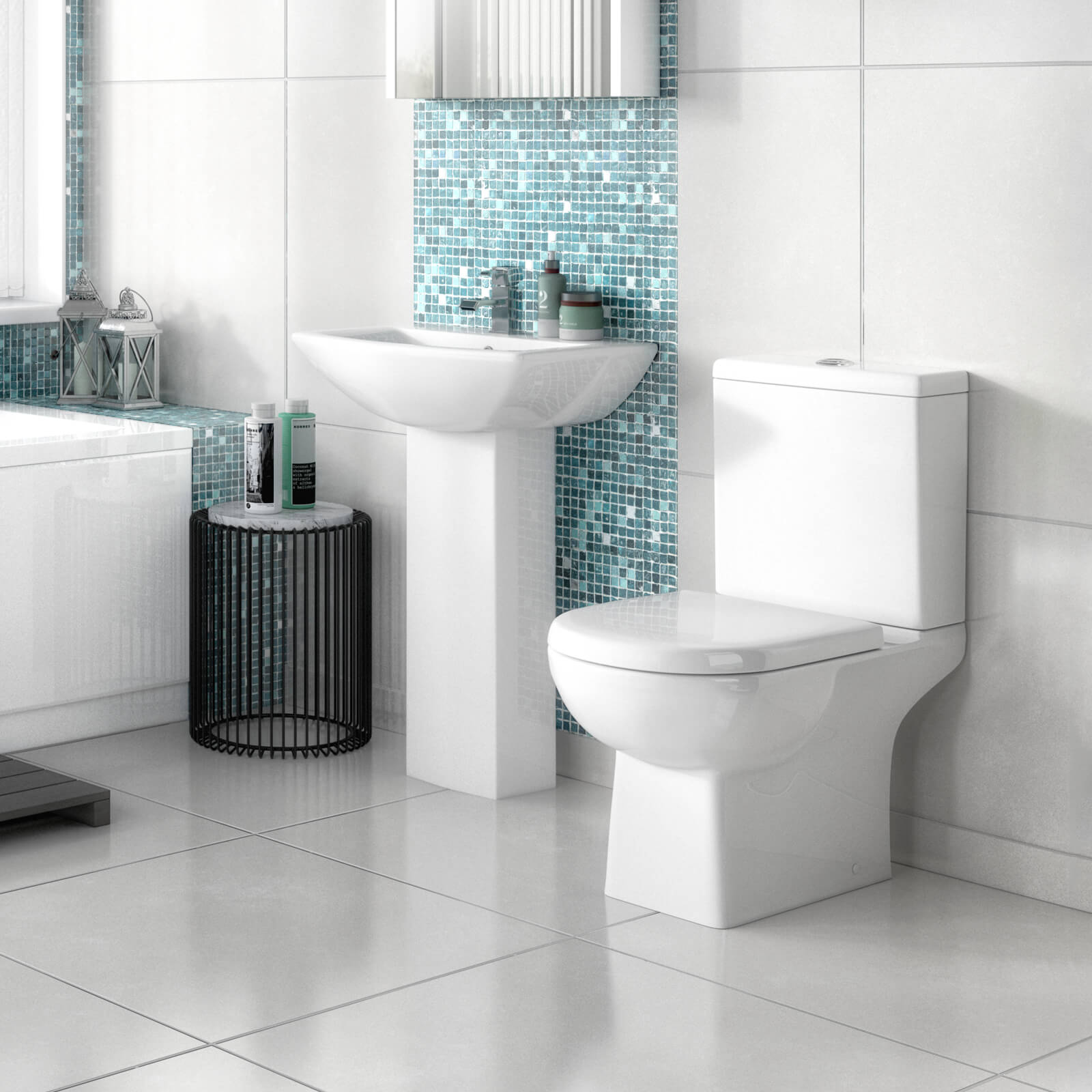 Nuie Asselby white contemporary toilet and basin pack, modern bathroom fixture set with sleek design and clean lines.