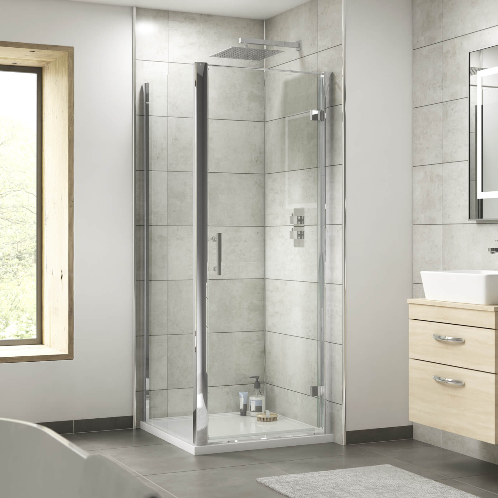 Nuie Pacific Hinged Semi-Frameless Shower Door with Handle - Chrome Profile