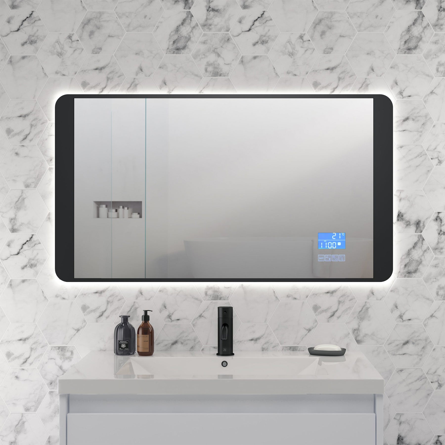 JTP DBI Digital Rectangular Matt Black Bluetooth LED Mirror with Demister - 900 x 500mm