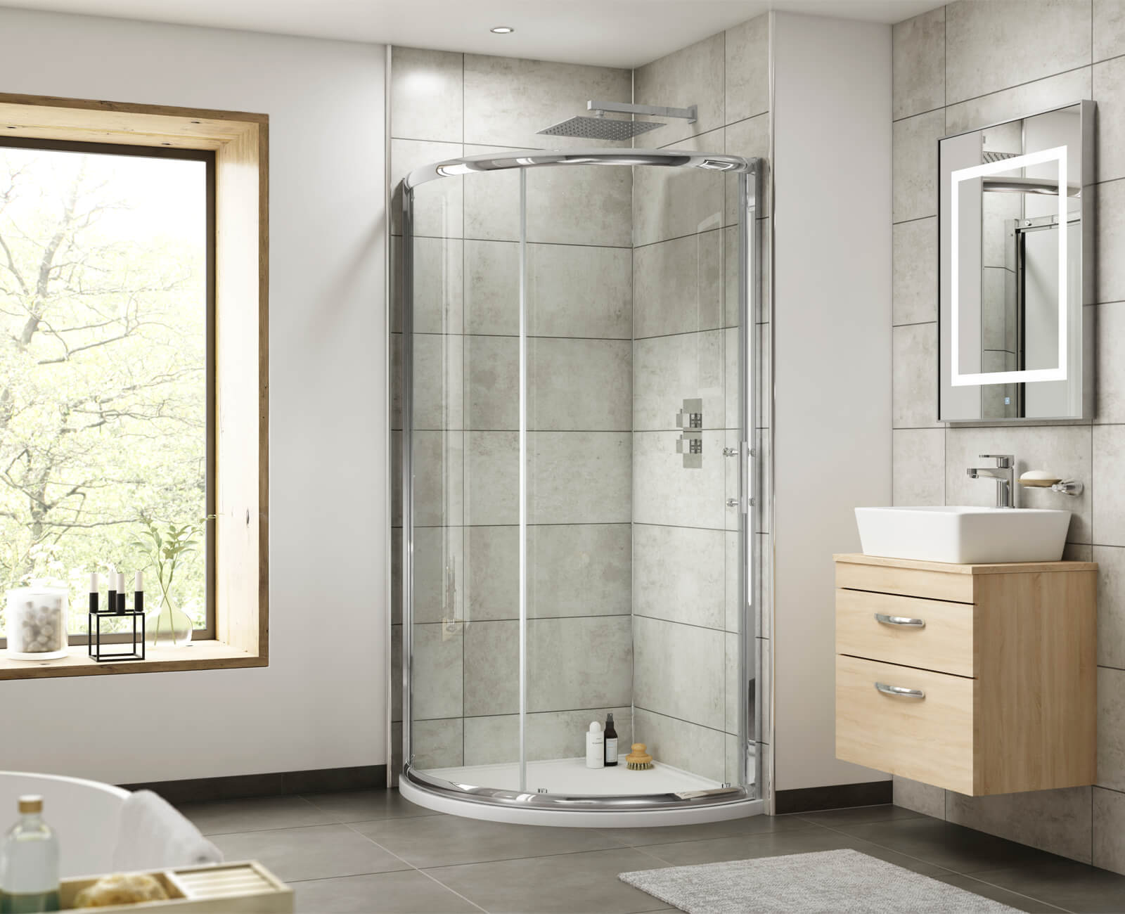Nuie Pacific sliding quadrant shower enclosure with aluminium frame, reversible design, 860 x 860mm, shown from angle.