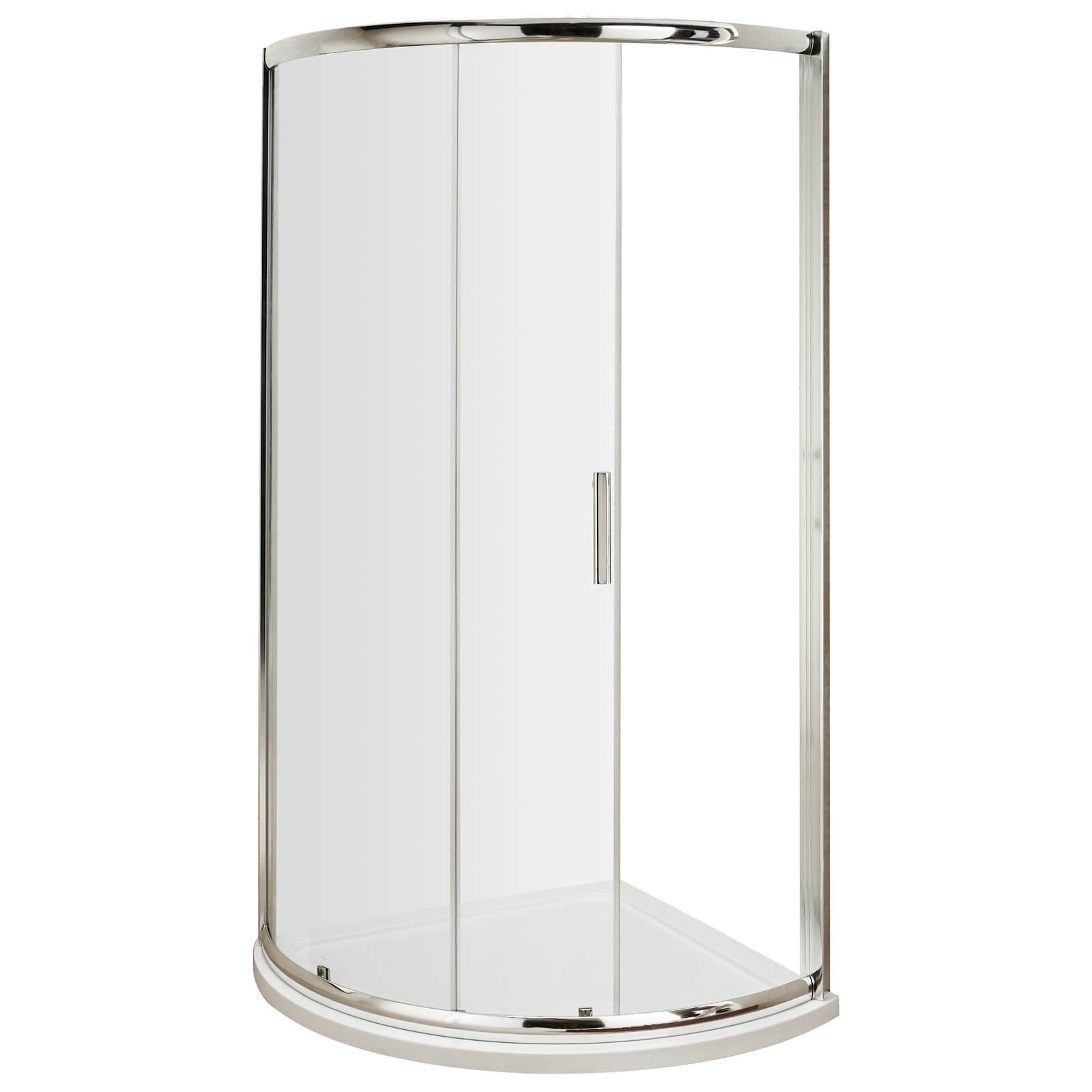 Reversible Nuie Pacific sliding quadrant shower enclosure with aluminum frame, measuring 860x860mm, installed in a modern bathroom.