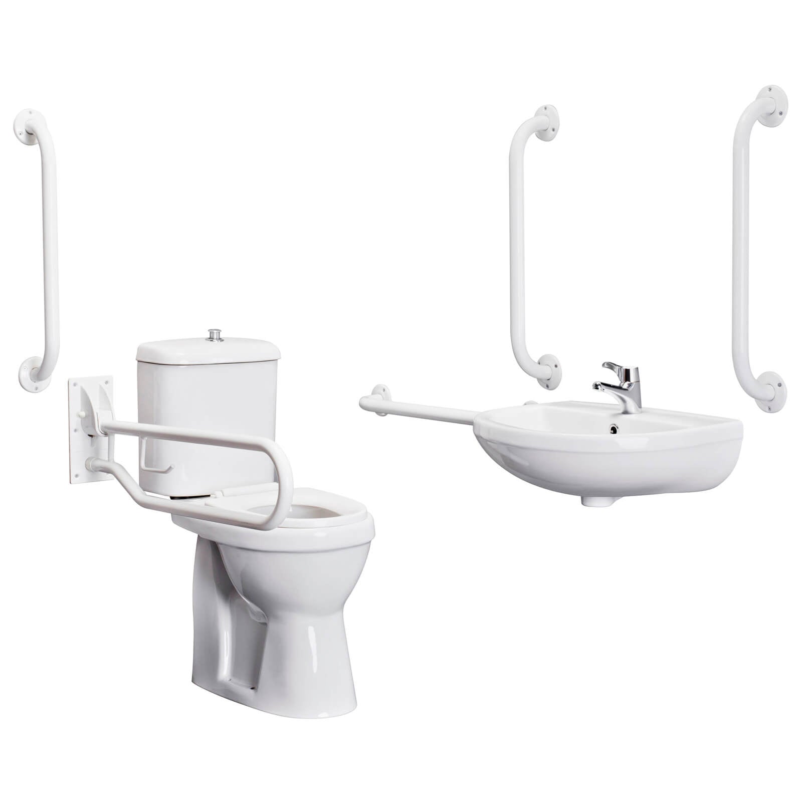 Nuie Doc-M white basin and toilet pack with grab bar and rails, installed in a bathroom setting for accessible use.