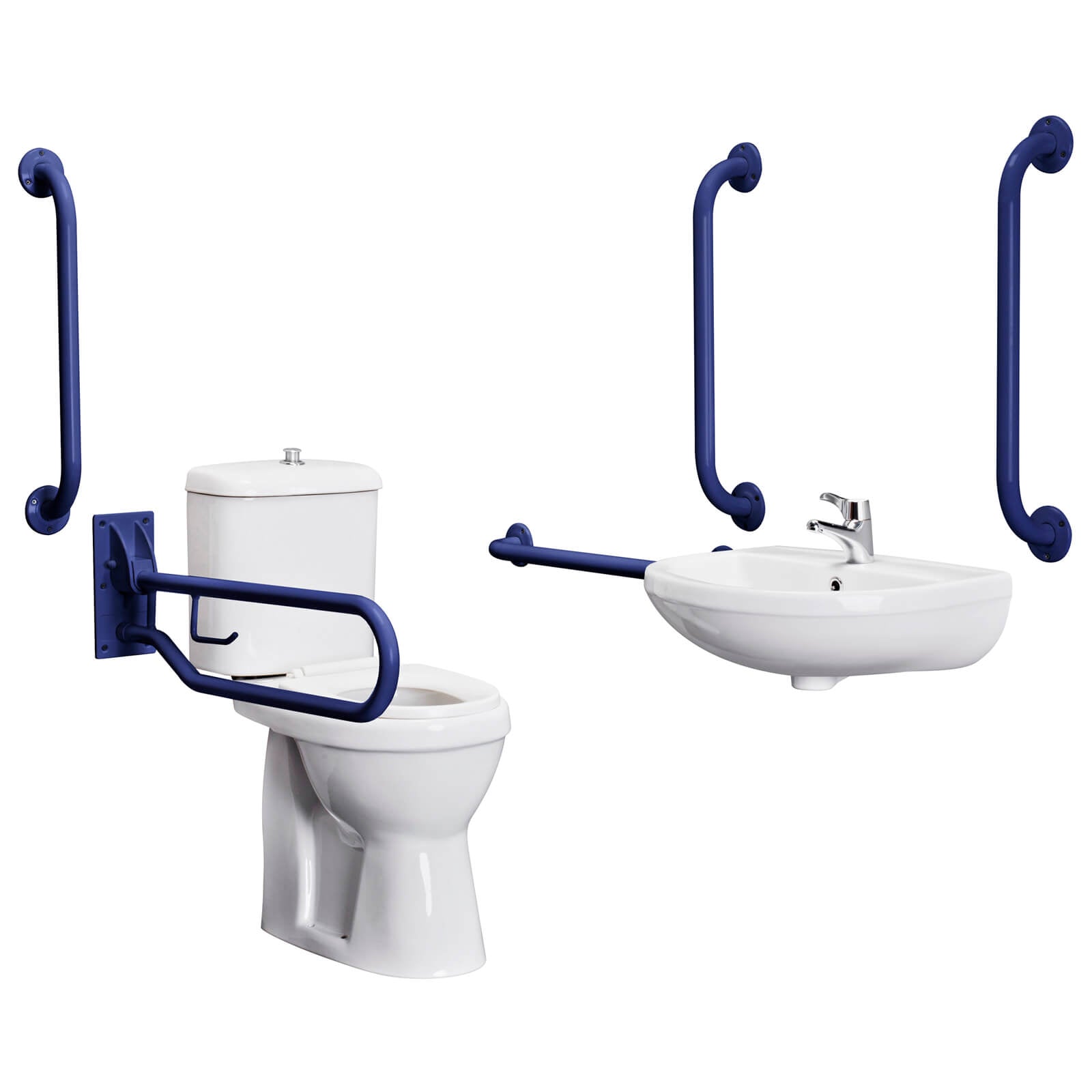 Nuie Doc-M white basin and toilet pack with grab bar and rails, featuring modern bathroom fixtures and accessibility features.
