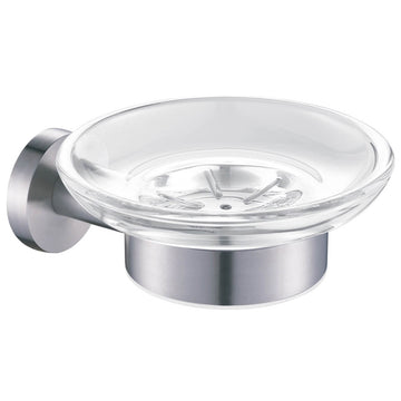Round glass soap dish with stainless steel holder, 110x135mm, featuring clear glass and sleek metal accents from Tuskan Tiles.