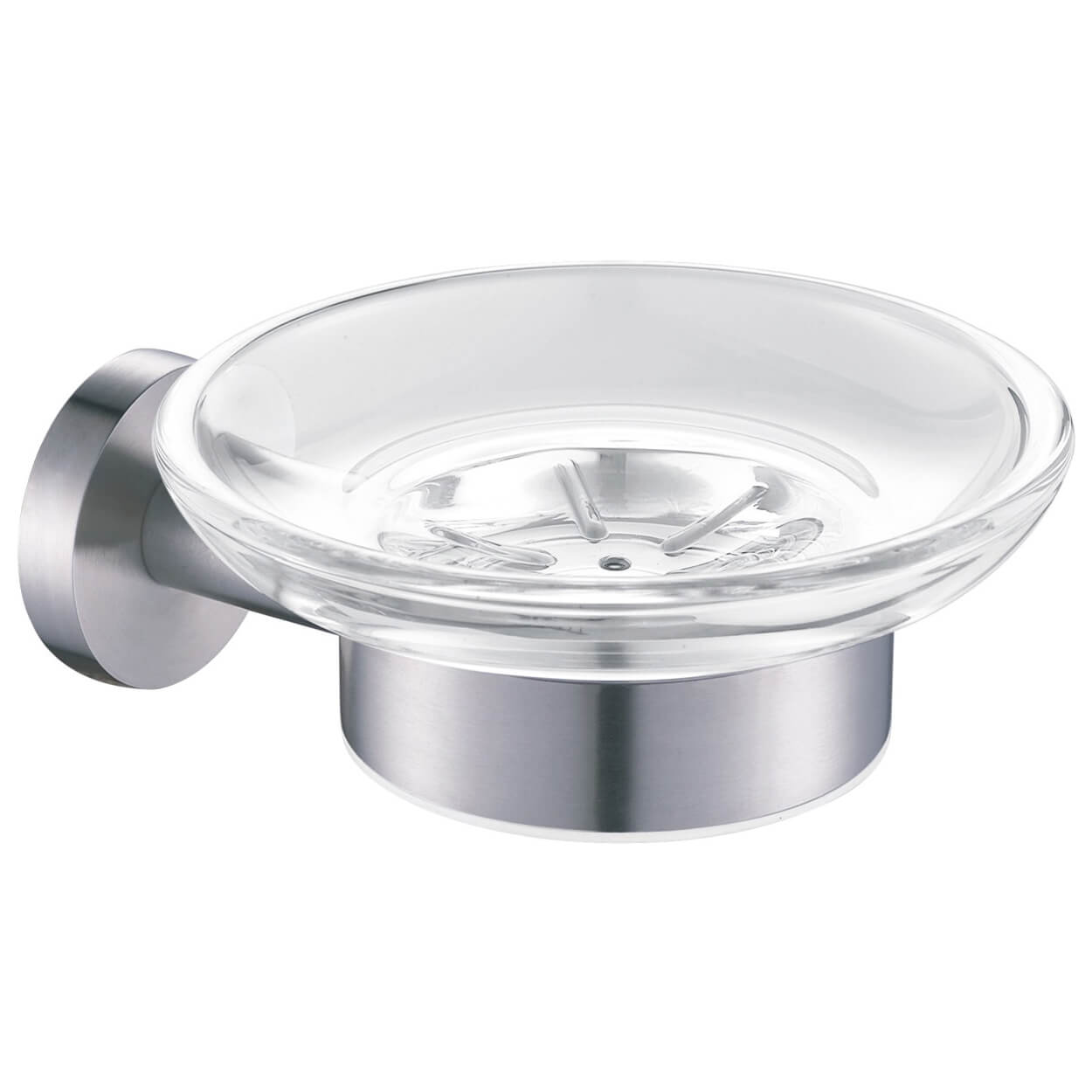 Round glass soap dish with stainless steel holder, 110x135mm, from Tuskan Tiles' JTP Inox collection, featuring sleek modern design.