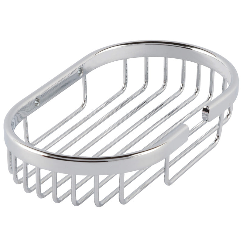 Chrome wire shower basket mounted on wall, designed for bathroom storage, measuring 200x115x30mm, by Tuskan Tiles.
