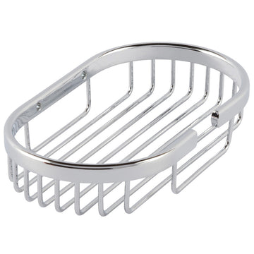 Chrome wire shower basket mounted on wall, designed for bathroom storage, measuring 200x115x30mm, by Tuskan Tiles.