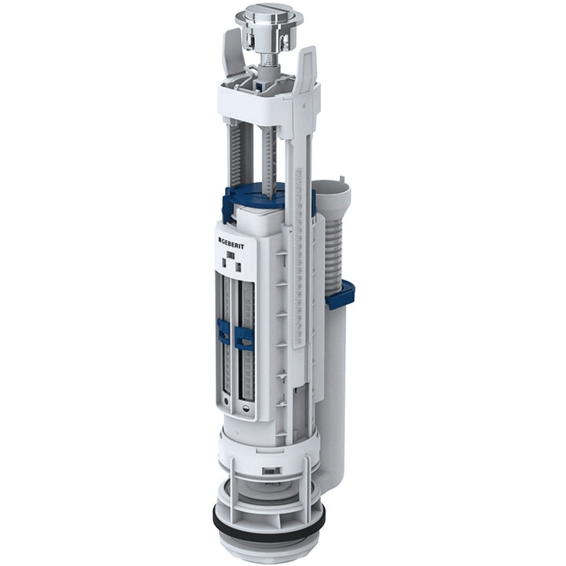 White Geberit Type 290 dual flush filling valve for ceramic cisterns, designed for efficient water flow in toilets.