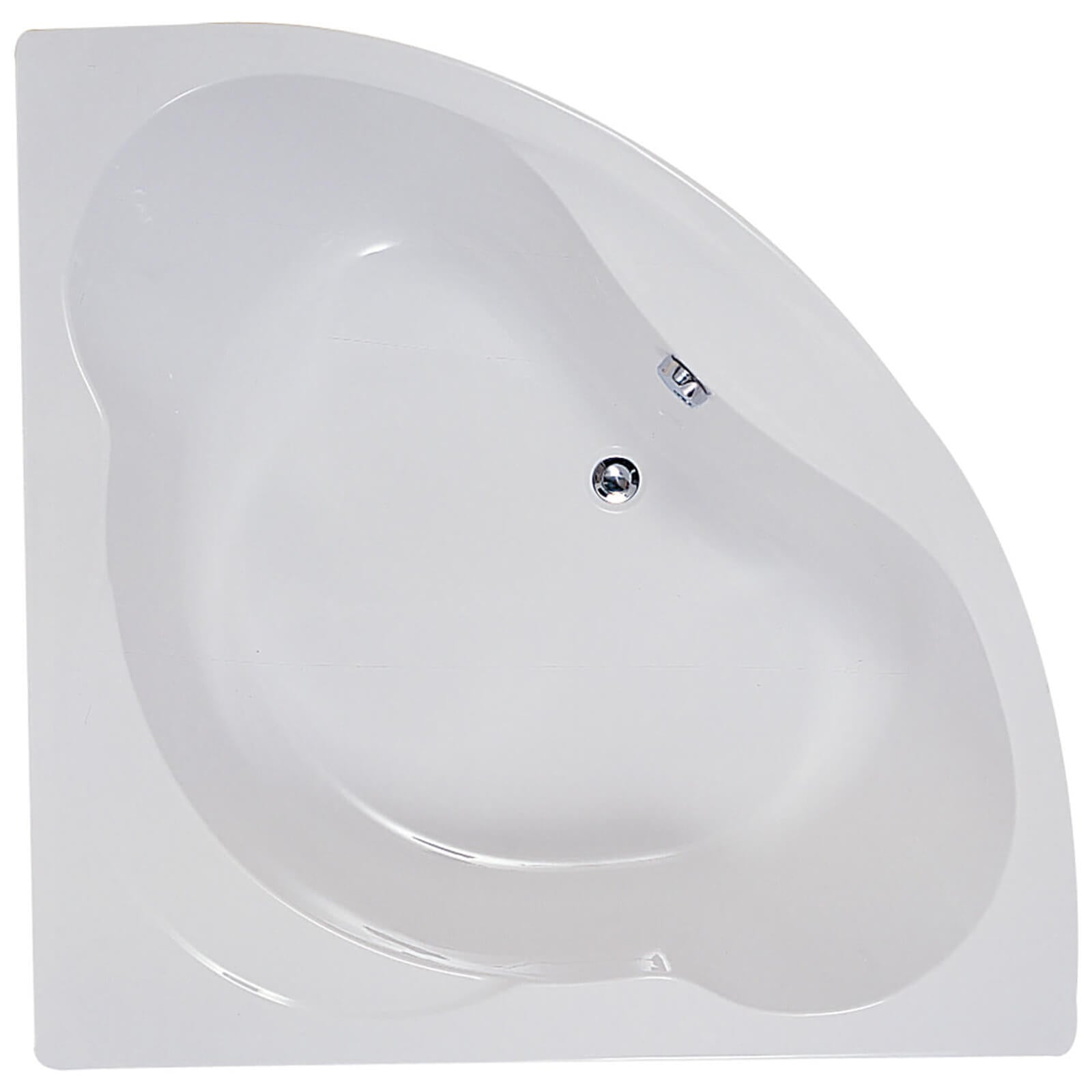 White corner acrylic bath by Tuskan Tiles, Aqua Lagoon Space Saver design, 1200 x 1200mm with sleek, modern look.