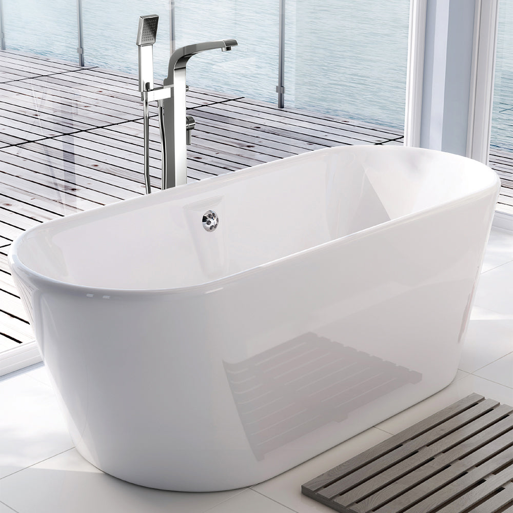 Reinforced freestanding acrylic bath by Tuskan Tiles, 5mm thick, with smooth curved edges and glossy white finish.
