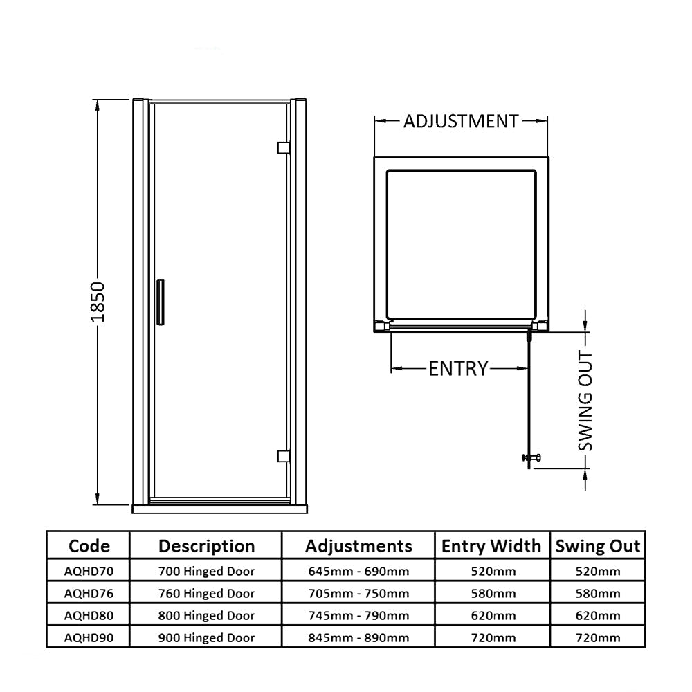 Nuie Pacific Hinged Semi-Frameless Shower Door with Handle - Chrome Profile