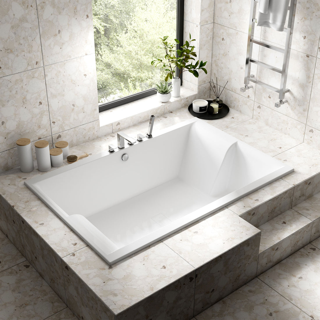 Double-ended acrylic spa bath by Tuskan Tiles, 1800x1200mm, inset installation, smooth white finish, shown from side angle