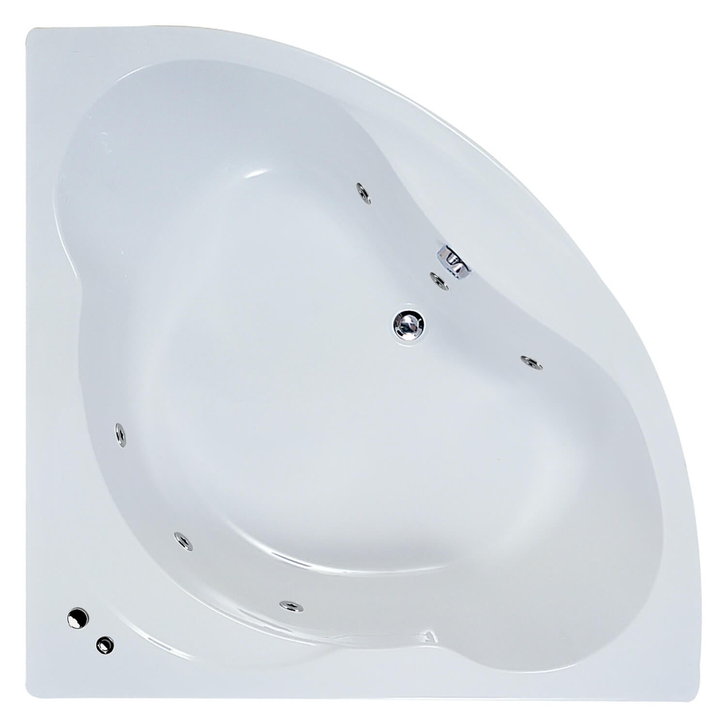 White Tuskan Tiles Aqua Lagoon double-ended corner whirlpool bath with 6 to 12 jets, 1200x1200mm, shown in the image.