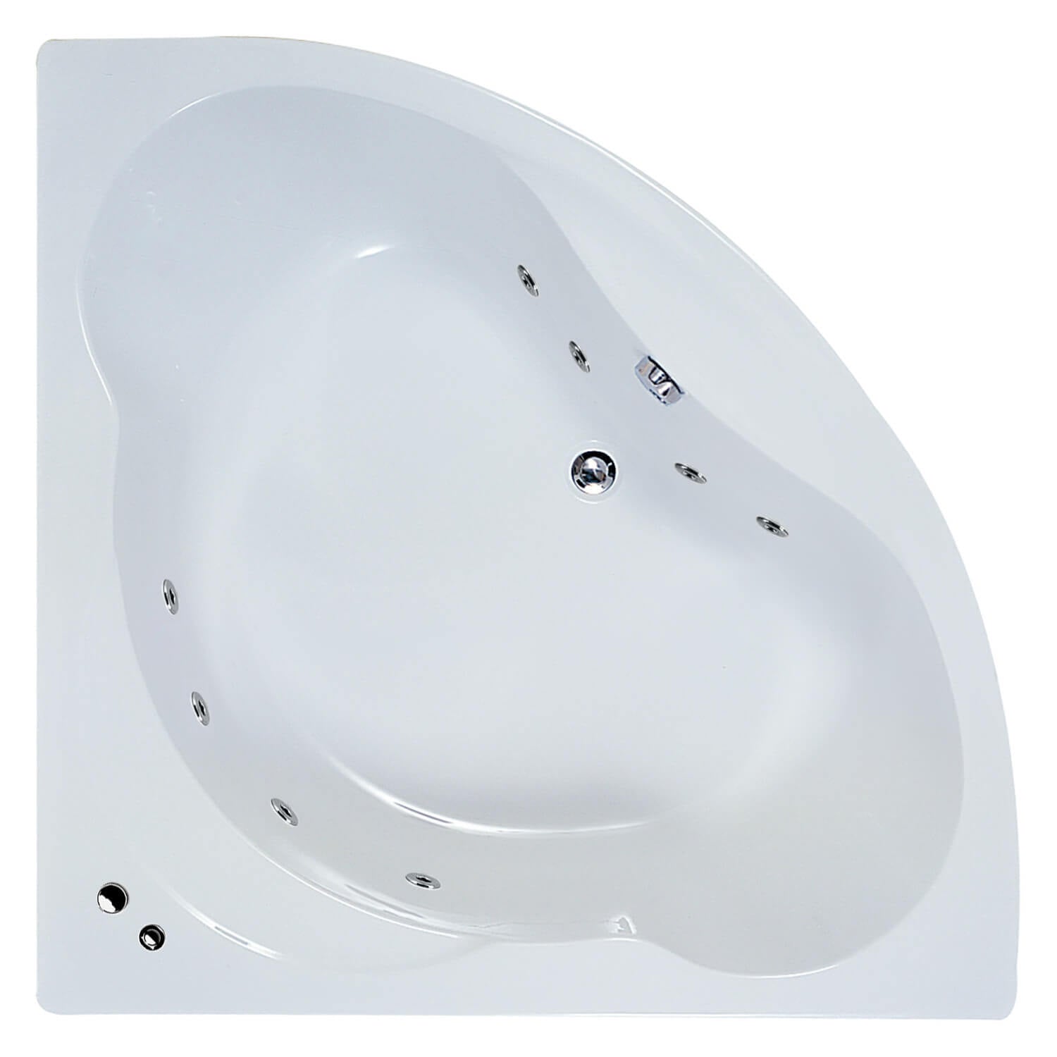 White double-ended corner whirlpool bath by Tuskan Tiles with 6 to 12 jets, 1200x1200mm, designed for relaxing soaks.