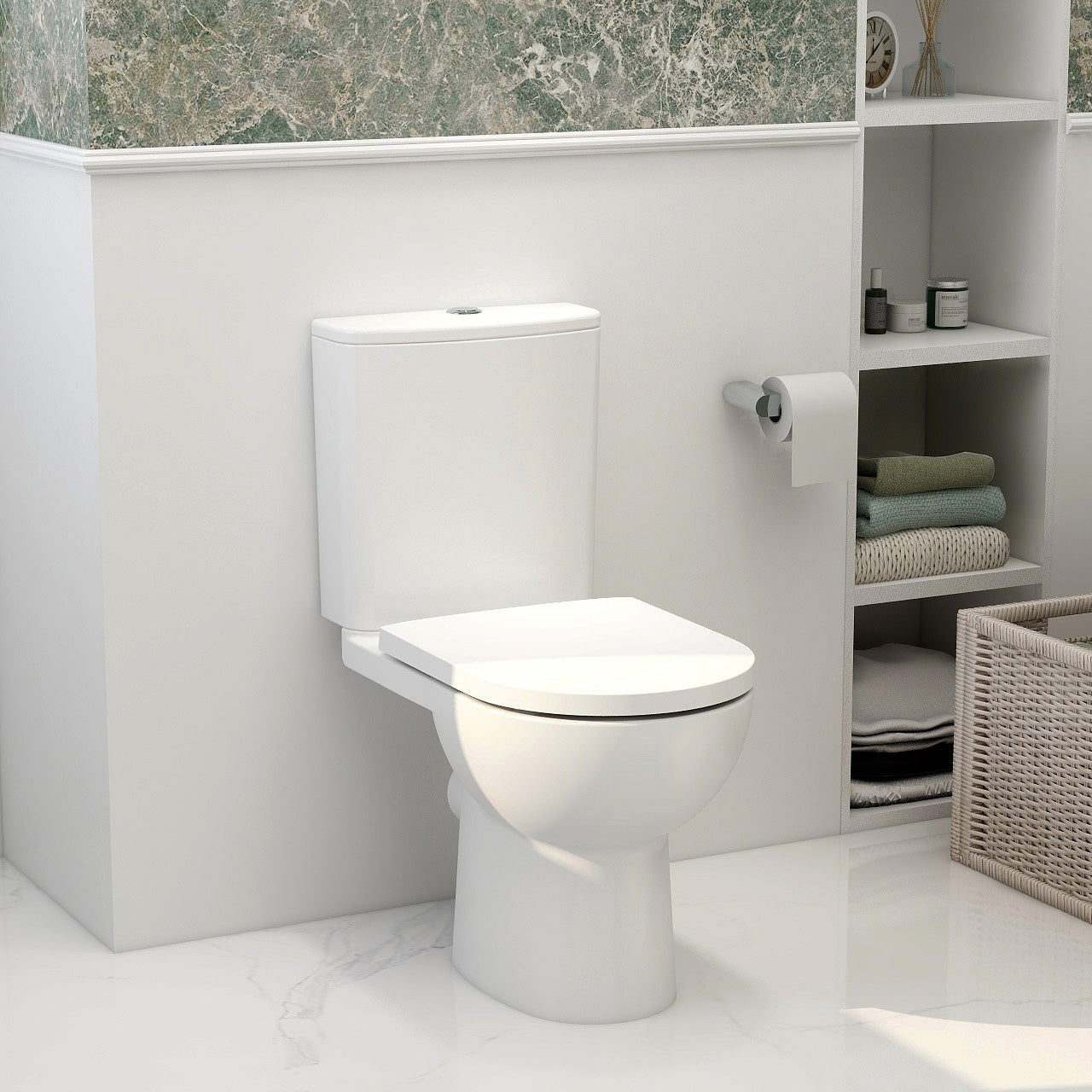 Imex Ivan rimless close coupled WC pan with cistern and soft close seat, open back, in a modern bathroom setting