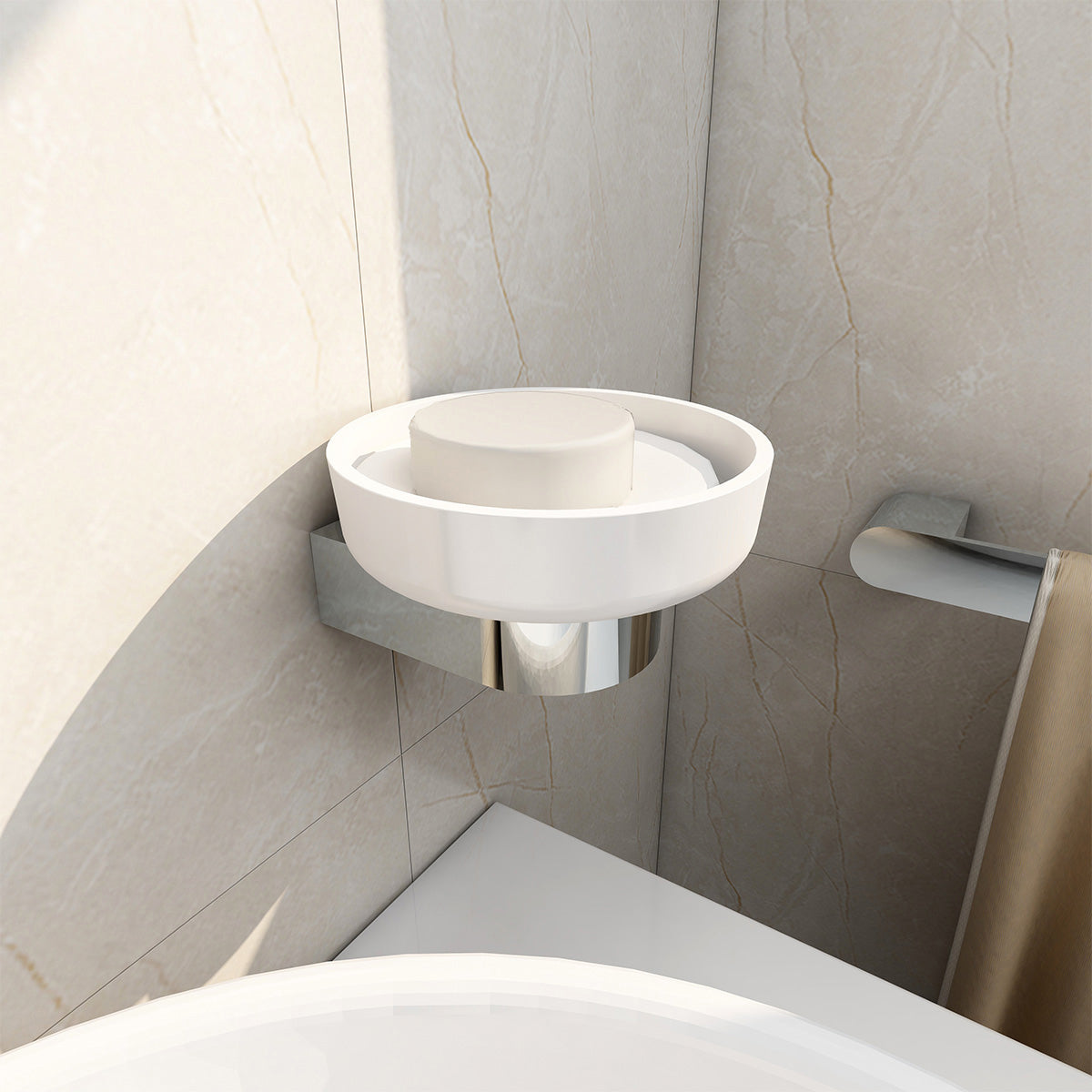 White circular Imex Duro soap dish with wall bracket by Tuskan Tiles, 121mm, showing the soap dish mounted on the wall.