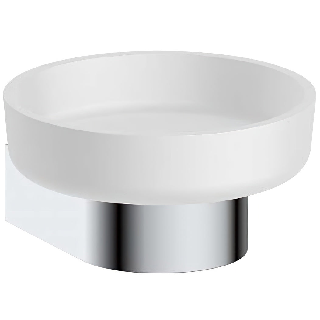 Imex Duro white circular soap dish with wall bracket, 121mm, mounted on bathroom wall for convenient soap storage.