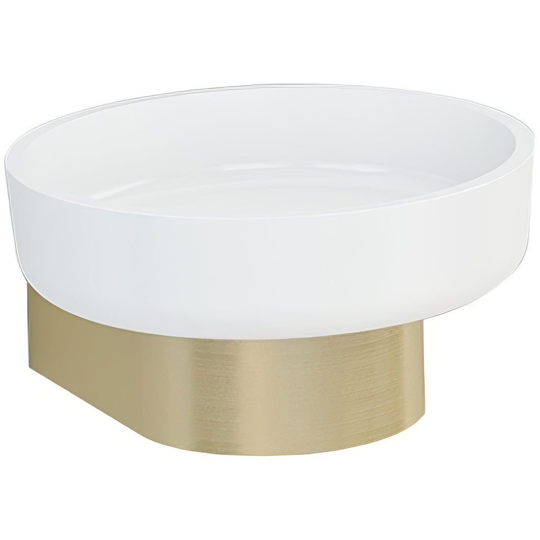 Imex Duro white circular soap dish with wall bracket, 121mm, mounted on bathroom wall for convenient soap storage