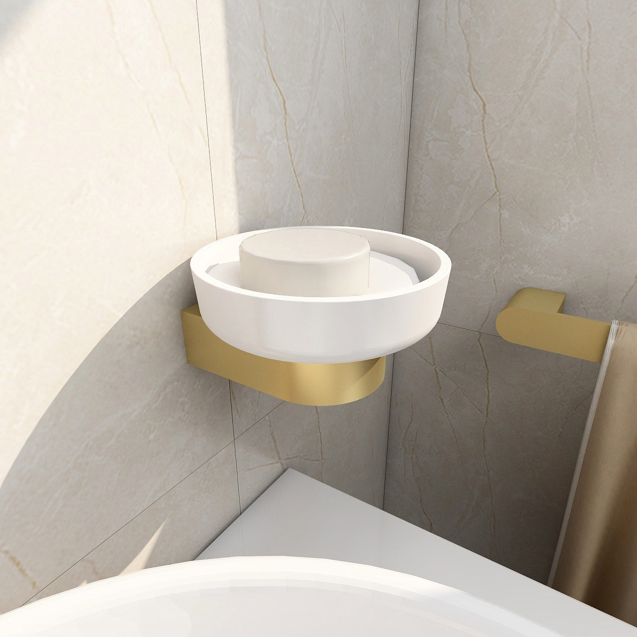 Imex Duro white circular soap dish with wall bracket, 121mm diameter, mounted on bathroom wall, by Tuskan Tiles.