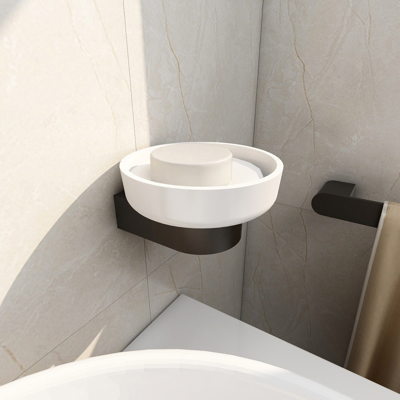 Tuskan Tiles Imex Duro white circular soap dish with wall bracket, 121mm, mounted for bathroom countertop or wall use.