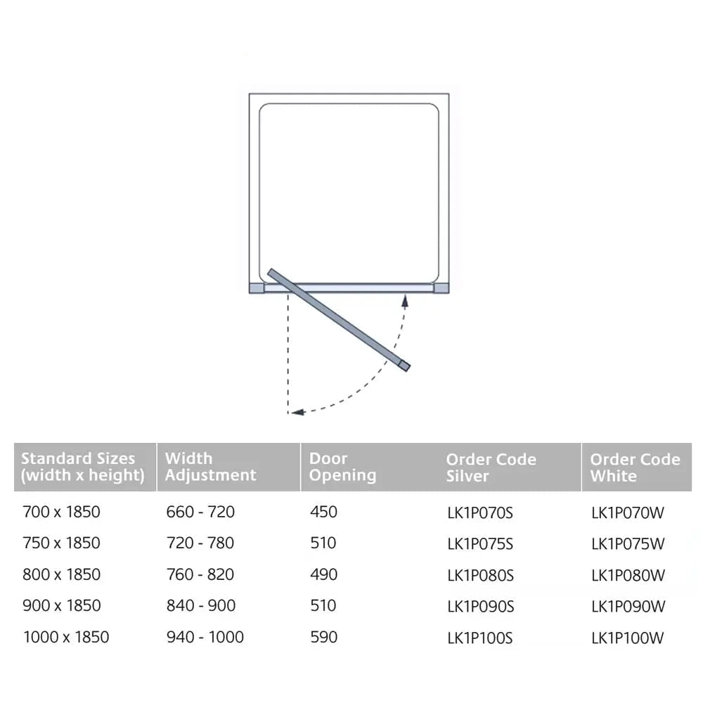 Lakes Classic Infold Pivot Shower Door - Reversible - Clear Glass - Aluminium Frame