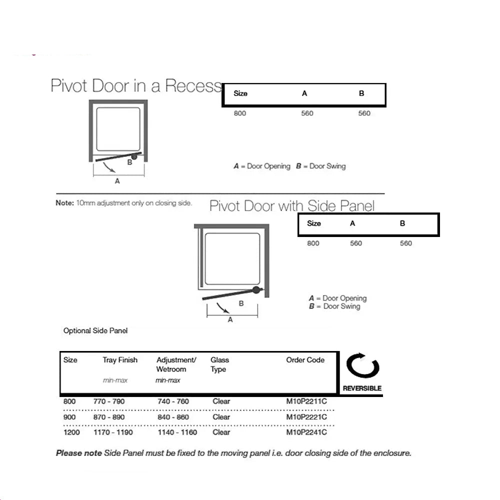 Merlyn 10-Series Frameless Pivot Shower Door with Handles - Clear Glass - Reversible