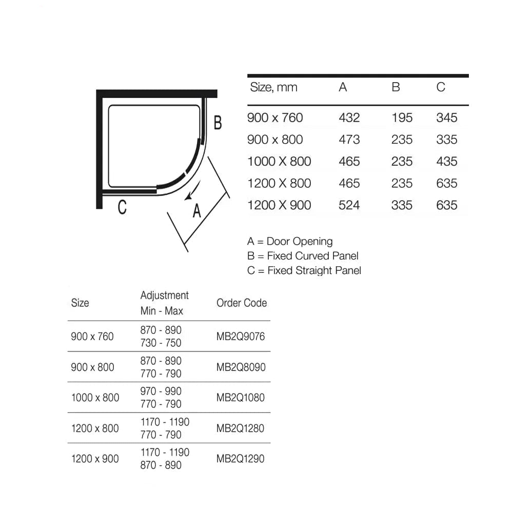 Merlyn MBOX sliding offset quadrant shower enclosure with two doors and aluminium frame, shown in the image.