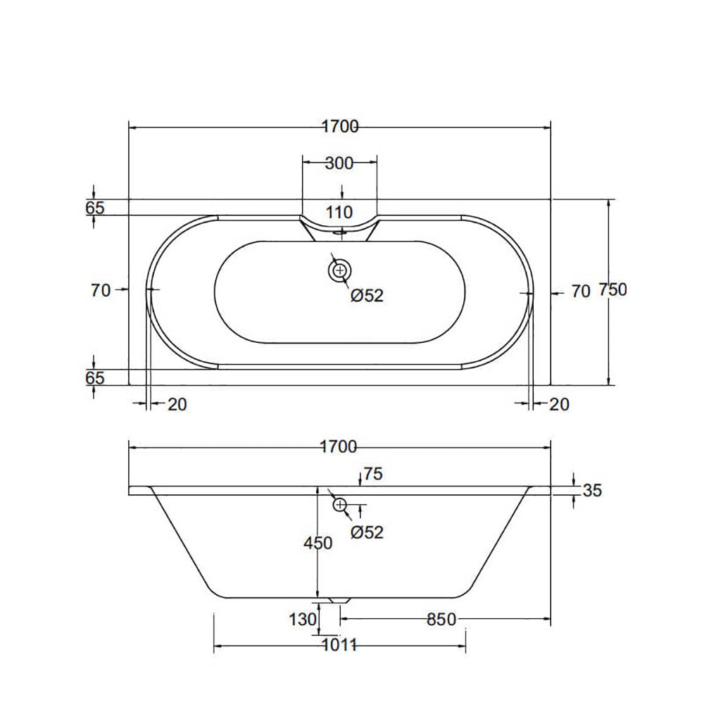 Aqua Luna 1700 x 750mm Round Double Ended Straight Bath White
