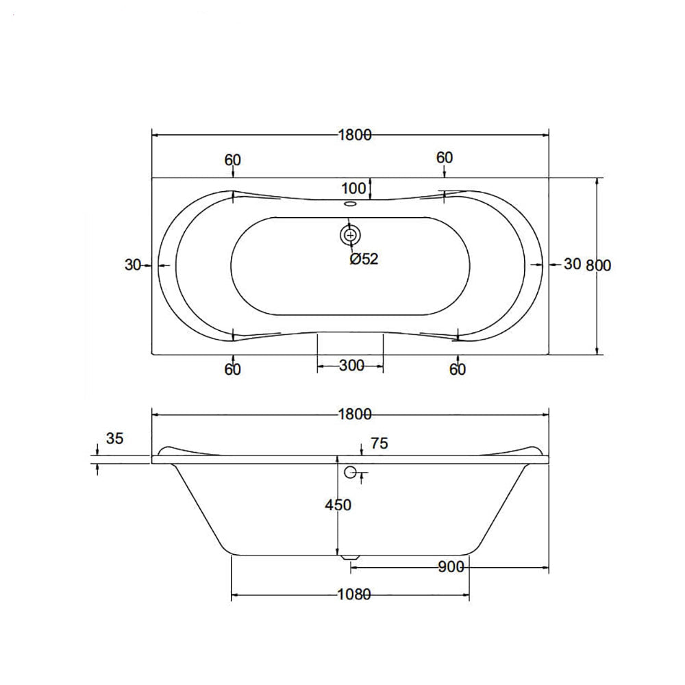 Aqua Comet 1800 x 800mm Round Double Ended Straight Bath White